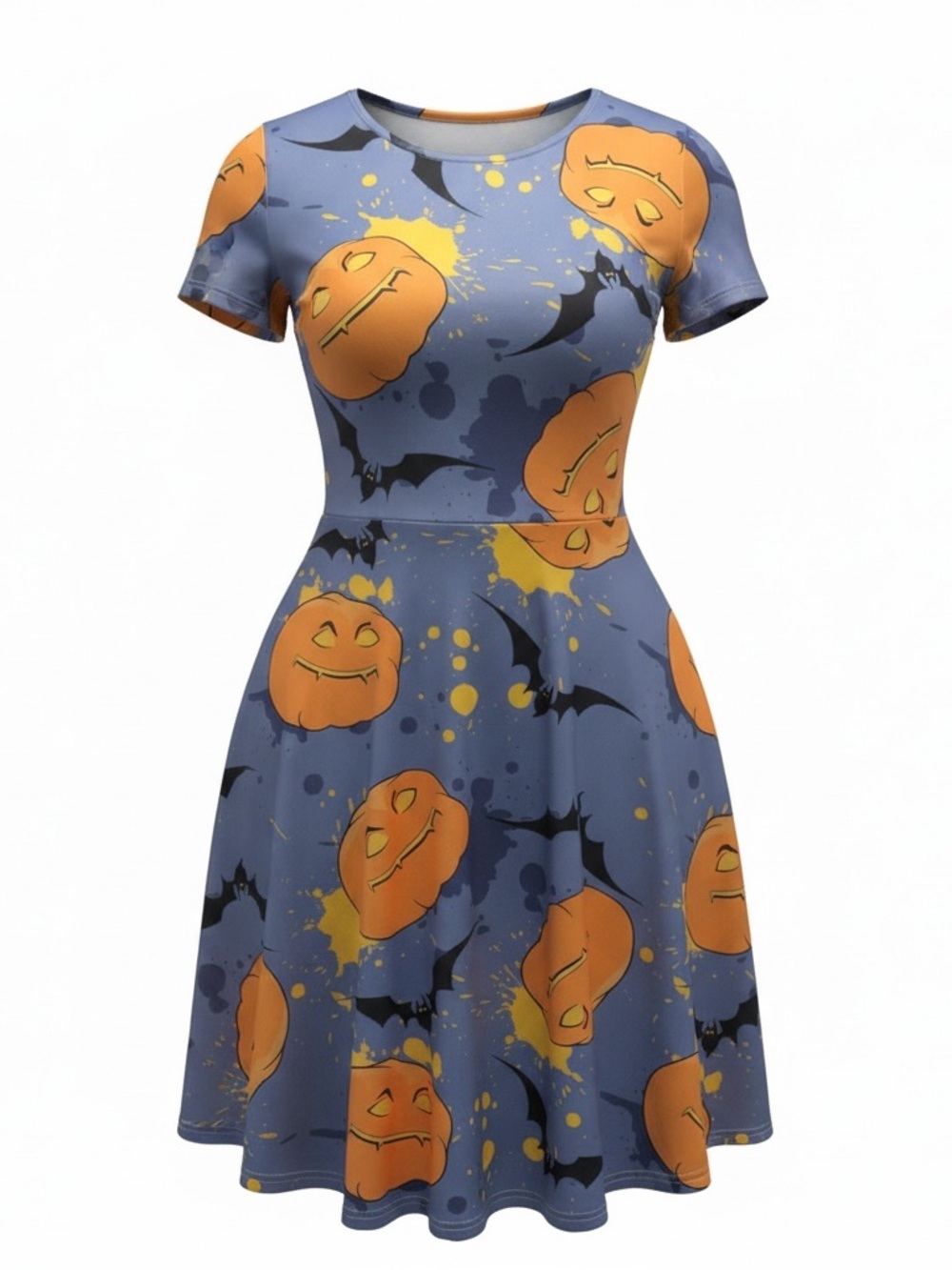 Halloween Pumpkin Print Short Sleeve Fit & Flare Dress - grey: Orange